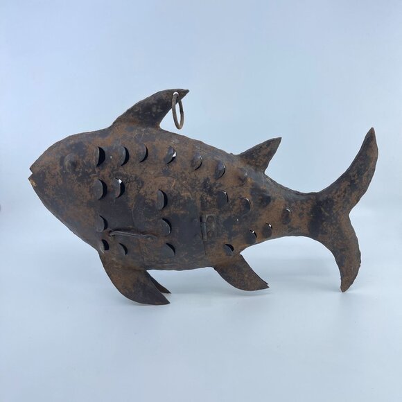 rustic metal fish-shaped lantern with cutout design & hinged door  12 1/2" long - Picture 1 of 3